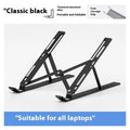 Silver aluminium alloy folding laptop stand holding a laptop, shown alongside its black cloth storage bag.