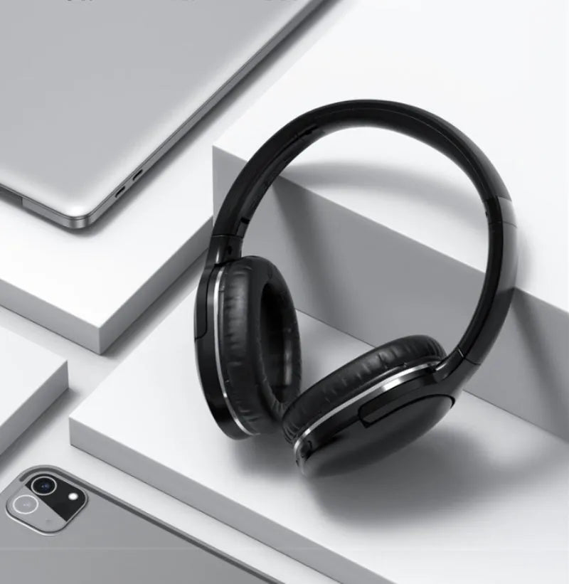 Black wireless Bluetooth sports headset showing head-mounted design with over-ear configuration