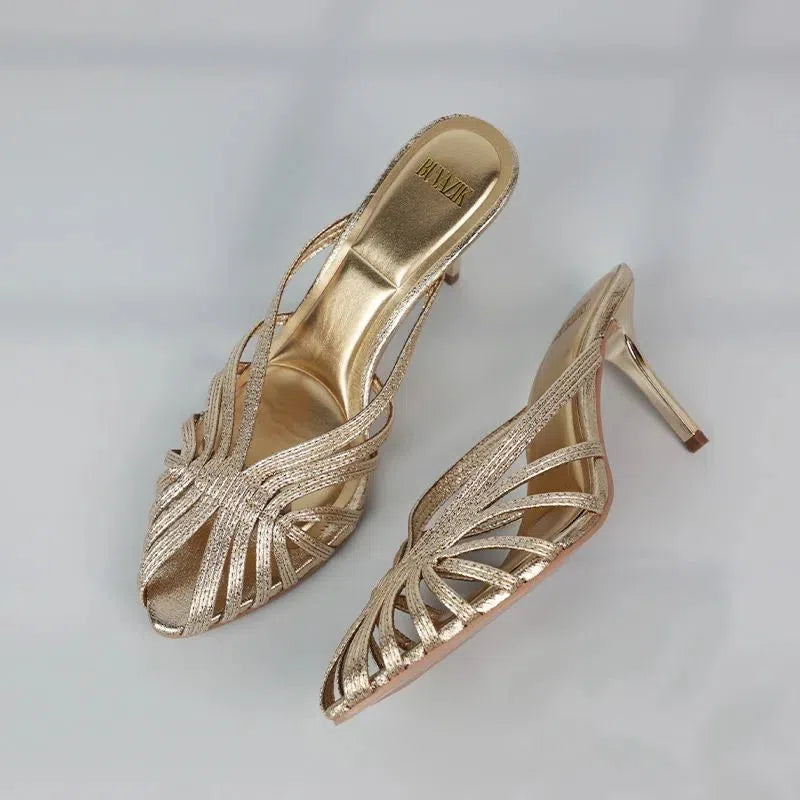 Gold hollow thin strip women's heels with pointed toe, inner height increase, EPR sole and second layer pigskin lining