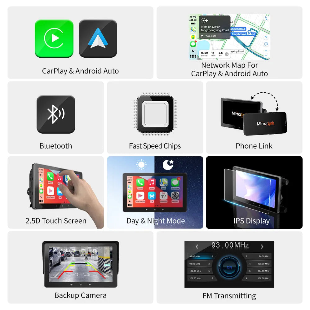 7-inch wireless CarPlay display unit with suction cup mount on a car dashboard