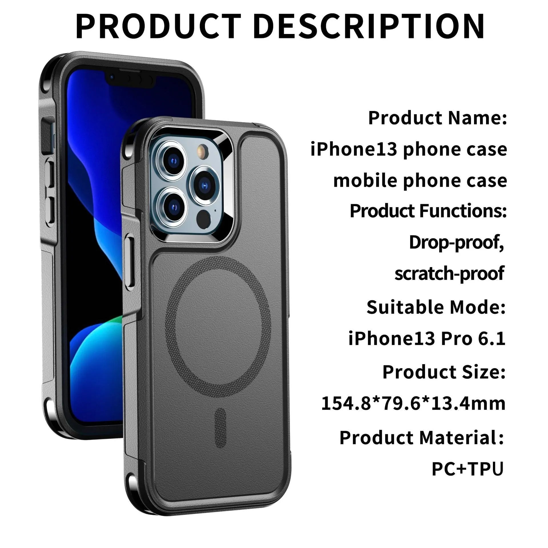 Black shatterproof magnetic phone case for iPhone 12 and 13 series on a table