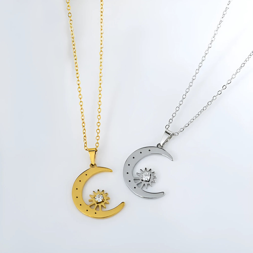 Titanium steel star moon pendant necklace for women, electroplated steel colour, geometric shape on display