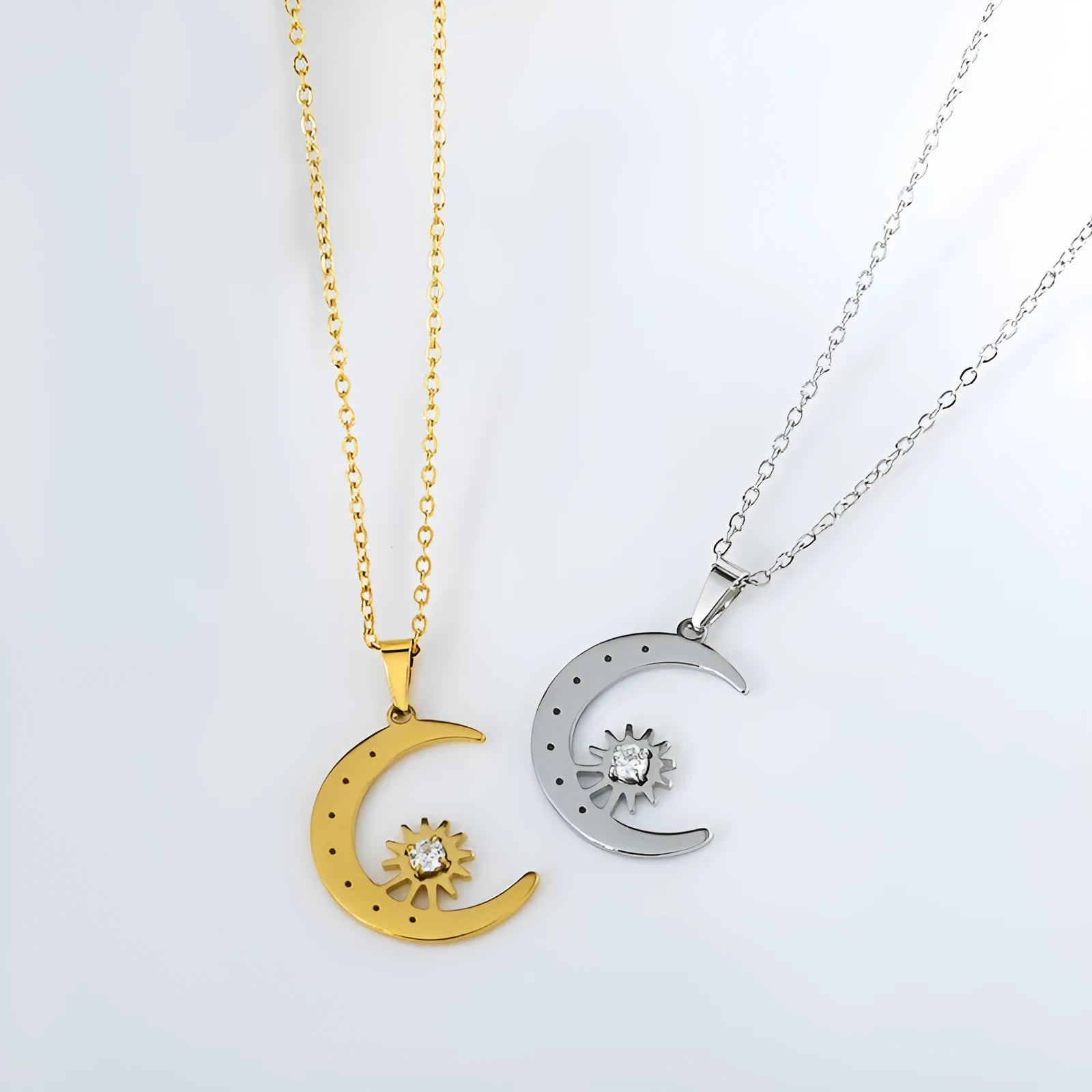 Titanium steel star moon pendant necklace for women, electroplated steel colour, geometric shape on display