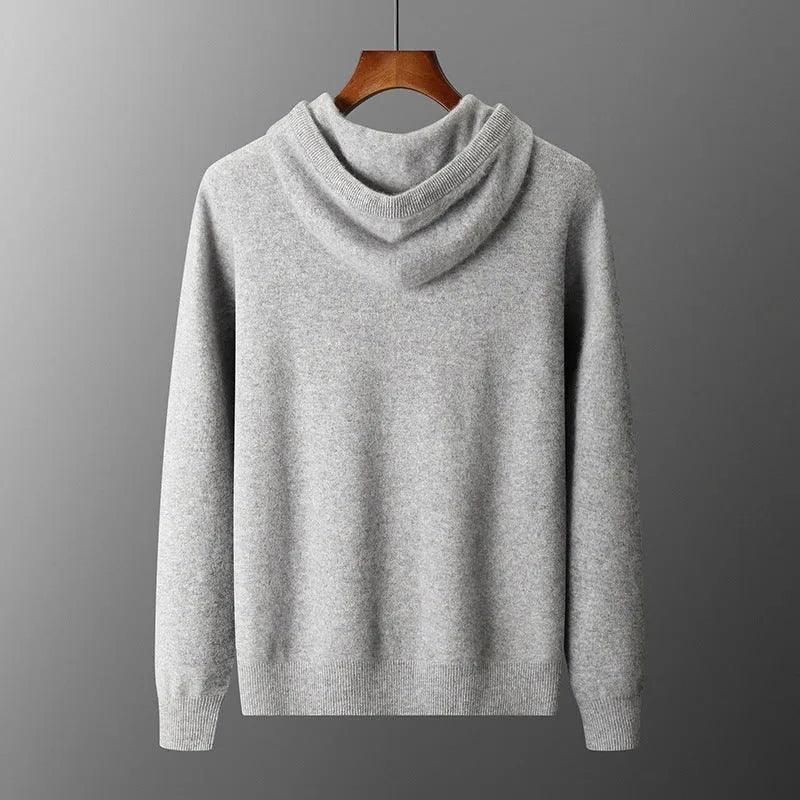 Men's light grey cashmere hooded sweatshirt and trouser set laid flat