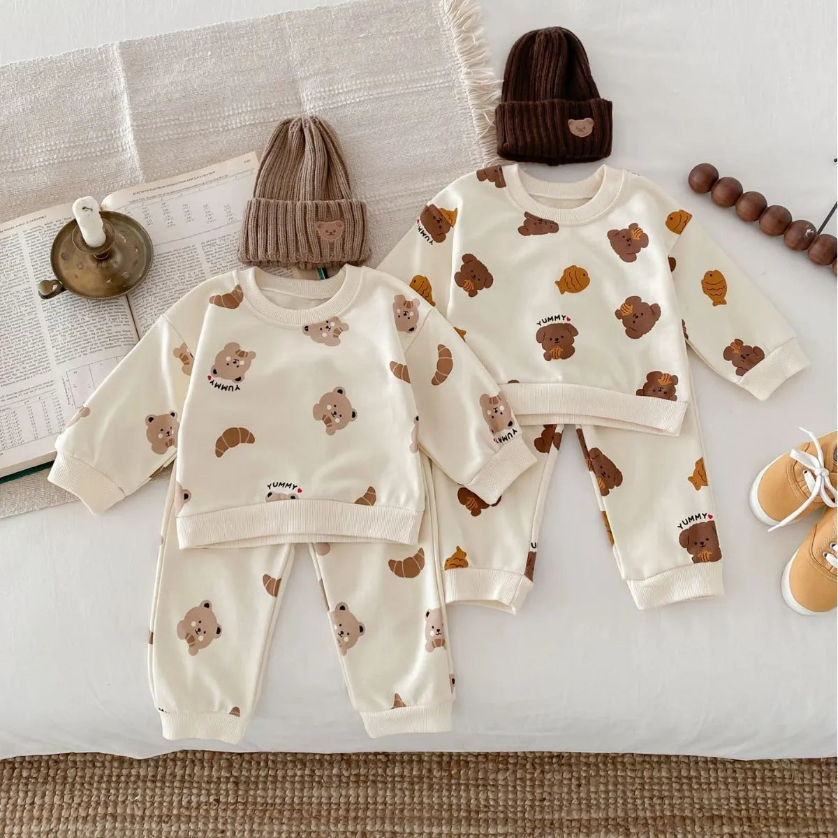 Bear round neck long-sleeve cotton suit with animal cartoon pattern, shirt and pants set in Bear or Flying Fish colours