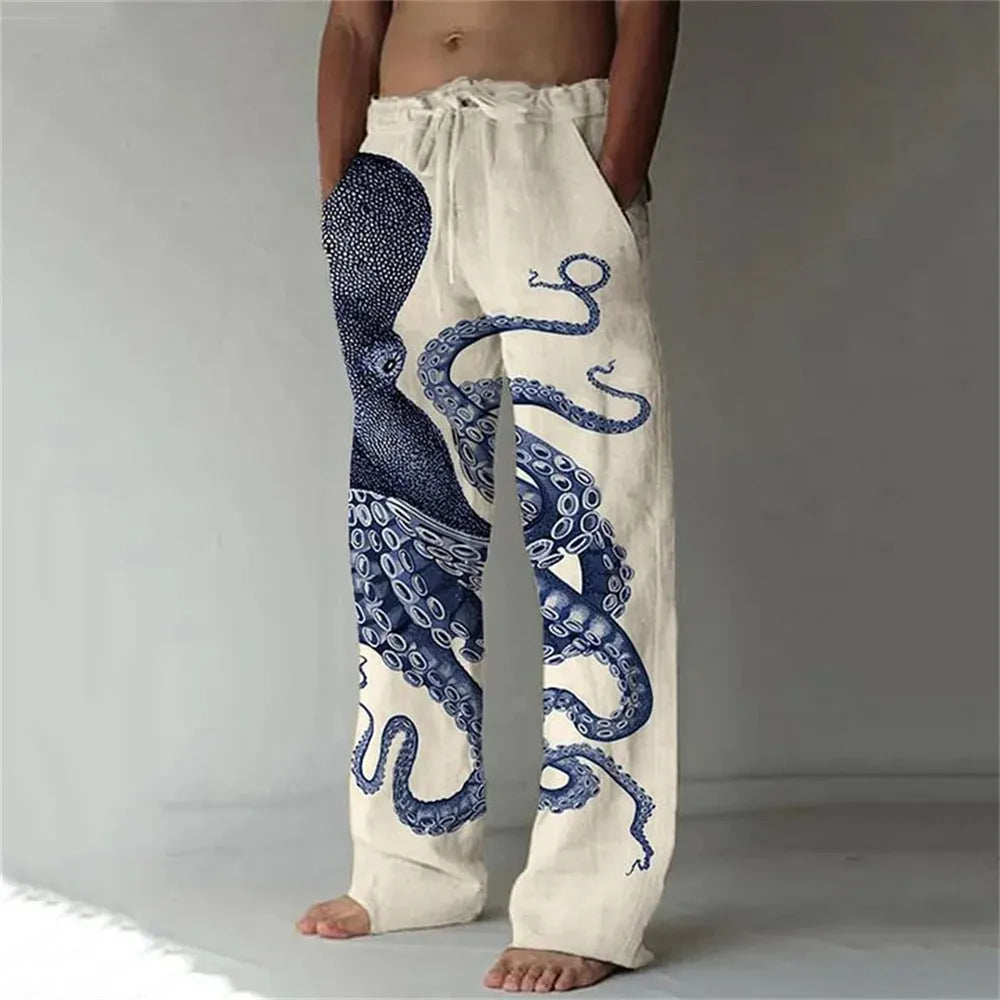 Men's loose casual pocket drawstring sweatpants in linen fabric, solid colour, side view
