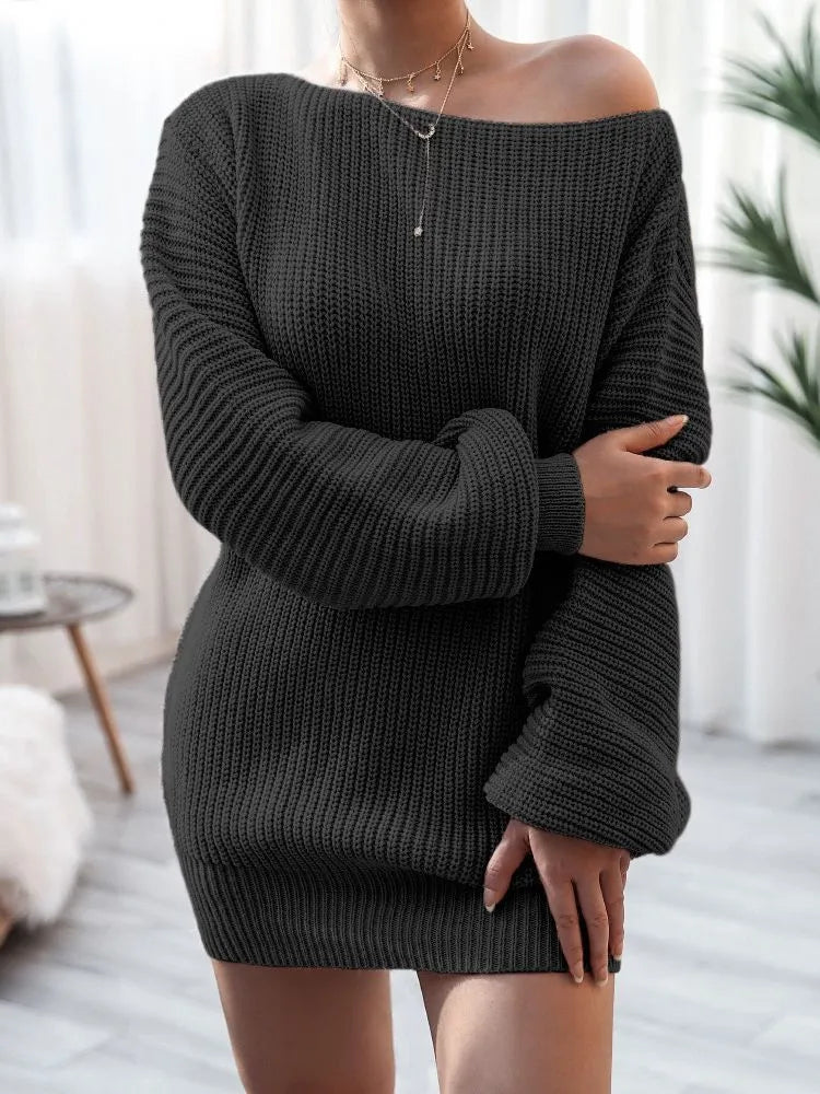 Women's solid colour off-the-shoulder knitted dress with puff lantern sleeves in a casual style.