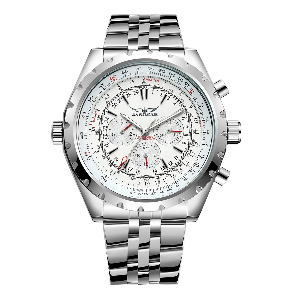 Men's automatic mechanical watch with double calendar, 48mm round steel case, alloy strap, pointer display