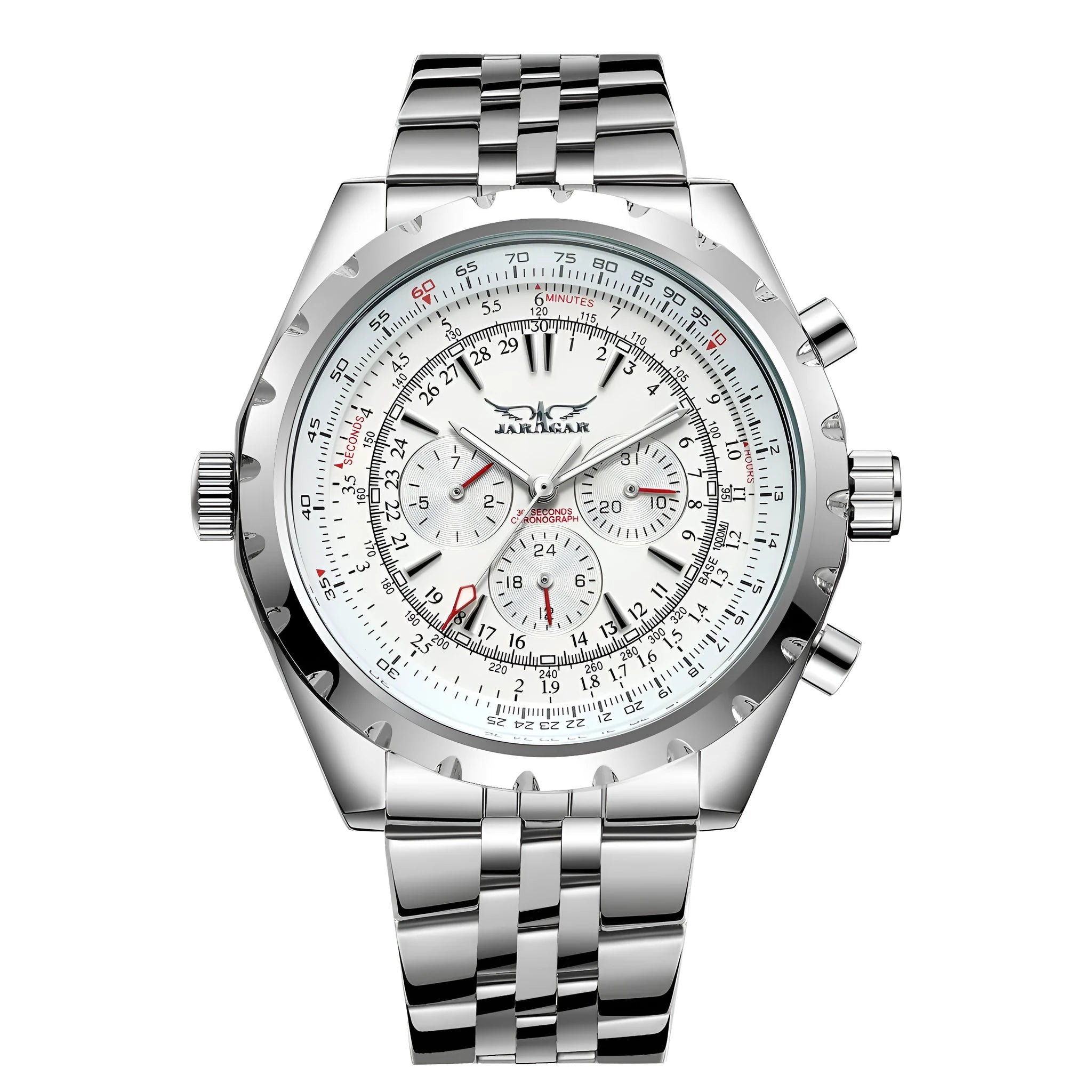 Men's automatic mechanical watch with double calendar, 48mm round steel case, alloy strap, pointer display