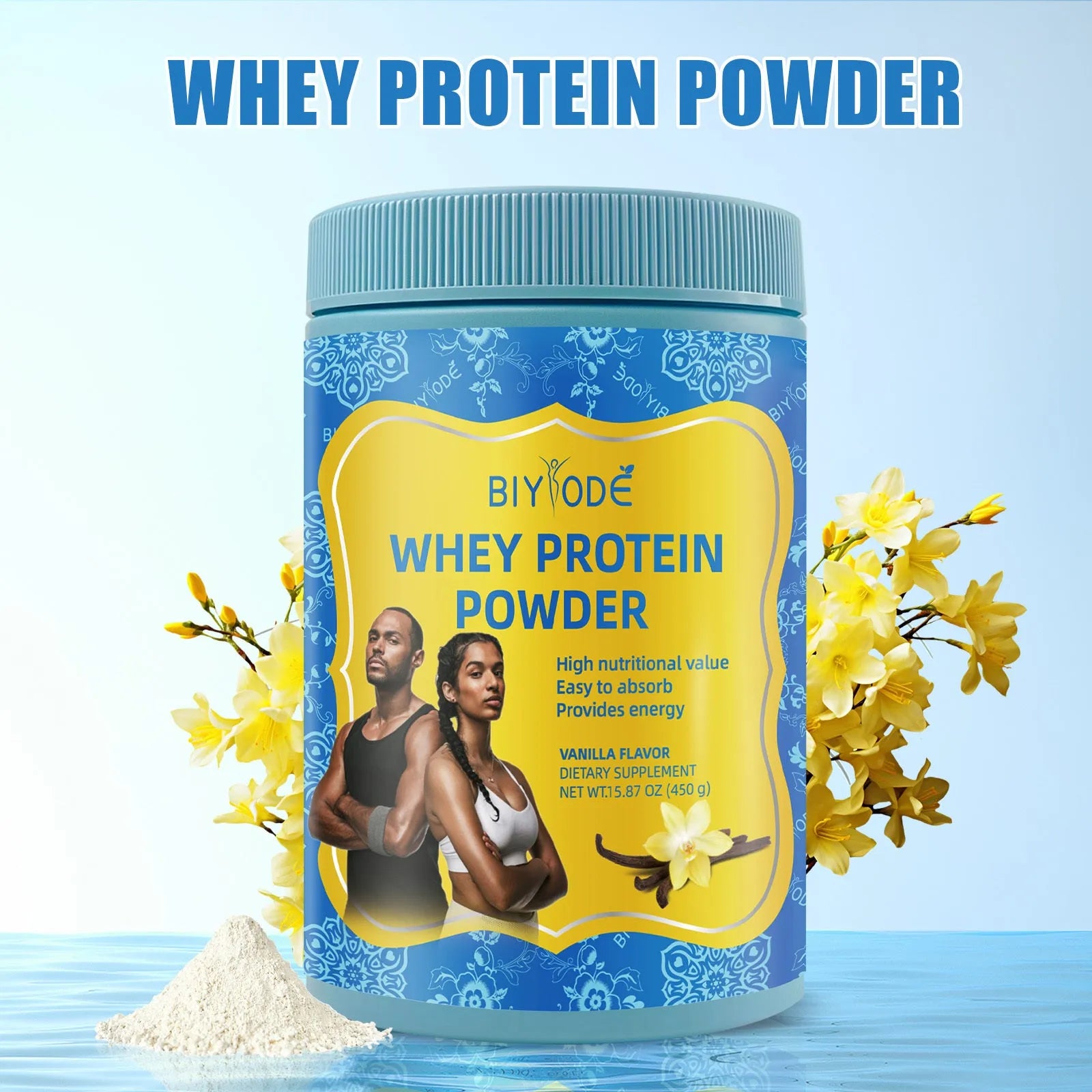 Bottle of Jiabeikang whey protein powder supplement 450g with custom label