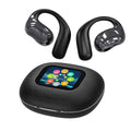 Open ear Bluetooth headset with leather texture finish in black, white, milky white, or purple, featuring digital display and voice control.