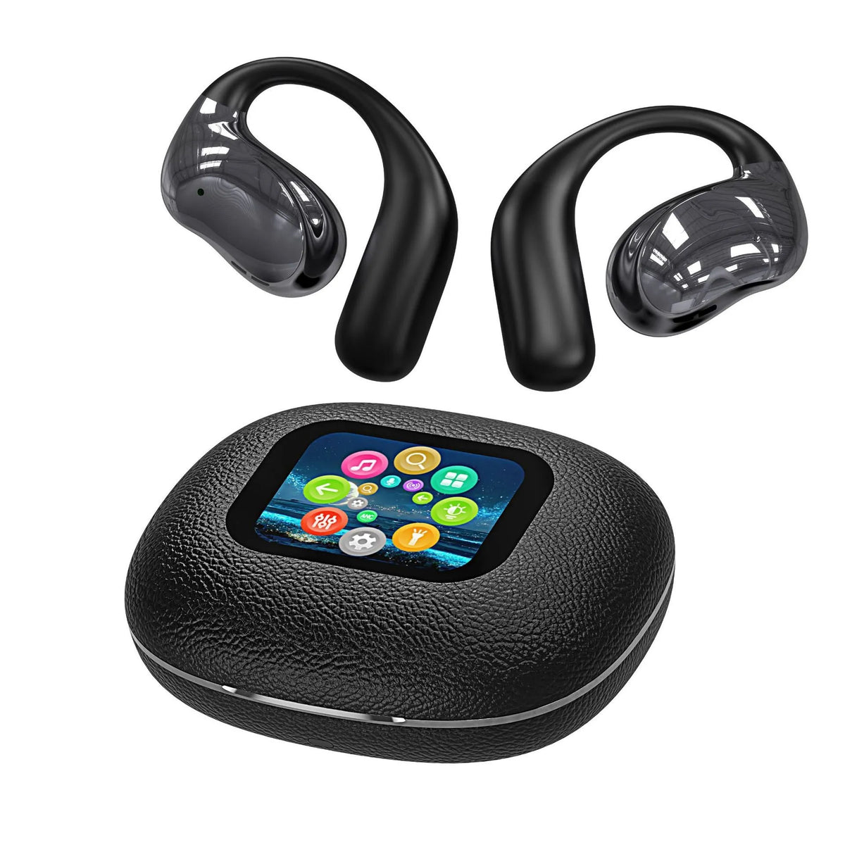 Open ear Bluetooth headset with leather texture finish in black, white, milky white, or purple, featuring digital display and voice control.
