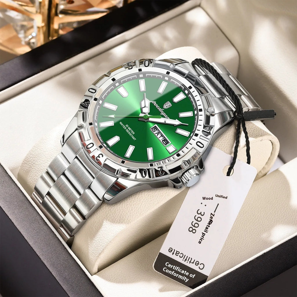 Swiss men's luminous waterproof watch with 6mm thickness in silver case green dial configuration
