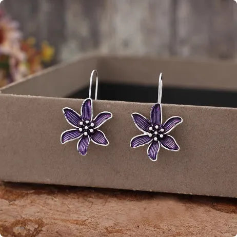 Purple flower-shaped alloy earrings with electroplated finish and retro design for women