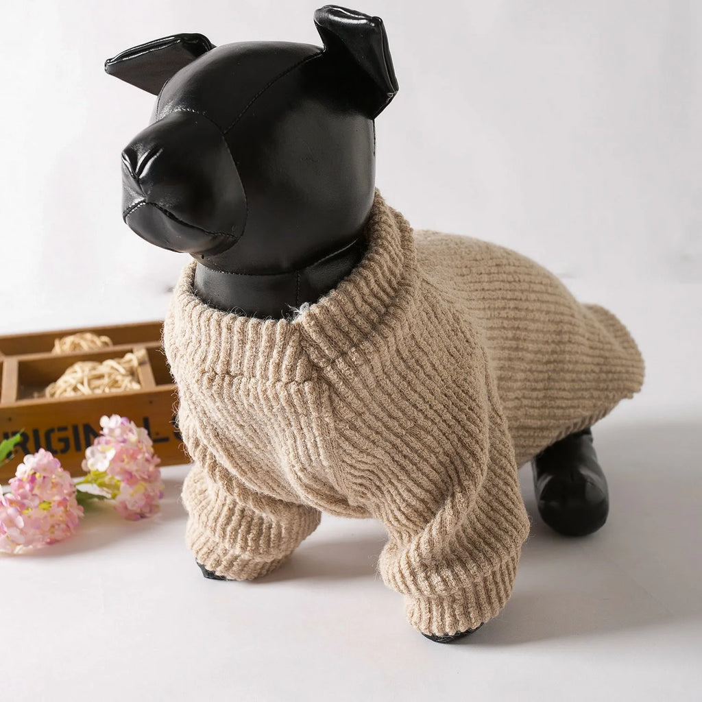 Brown cloth pullover sweater on a small dog, showing casual style and fit.