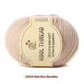 One skein of fine hand knitting wool thread in a choice of colours, shown next to UK size 10 knitting needles.