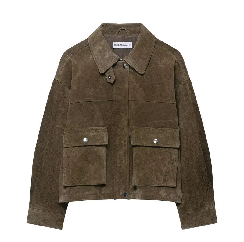 Women's picture colour PU jacket in Japanese Korean casual style on a hanger.