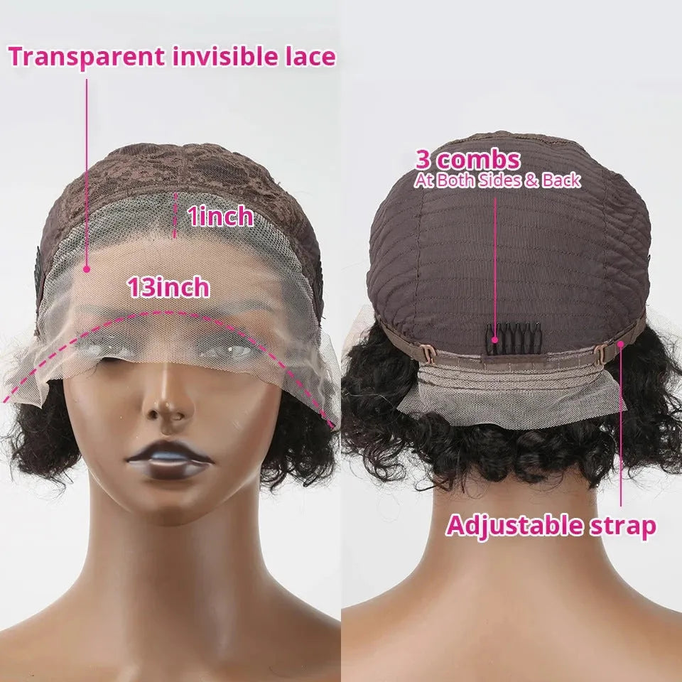 Black lace front wig cap with short, styled 13x1 colour human hair in a natural pixie cut.