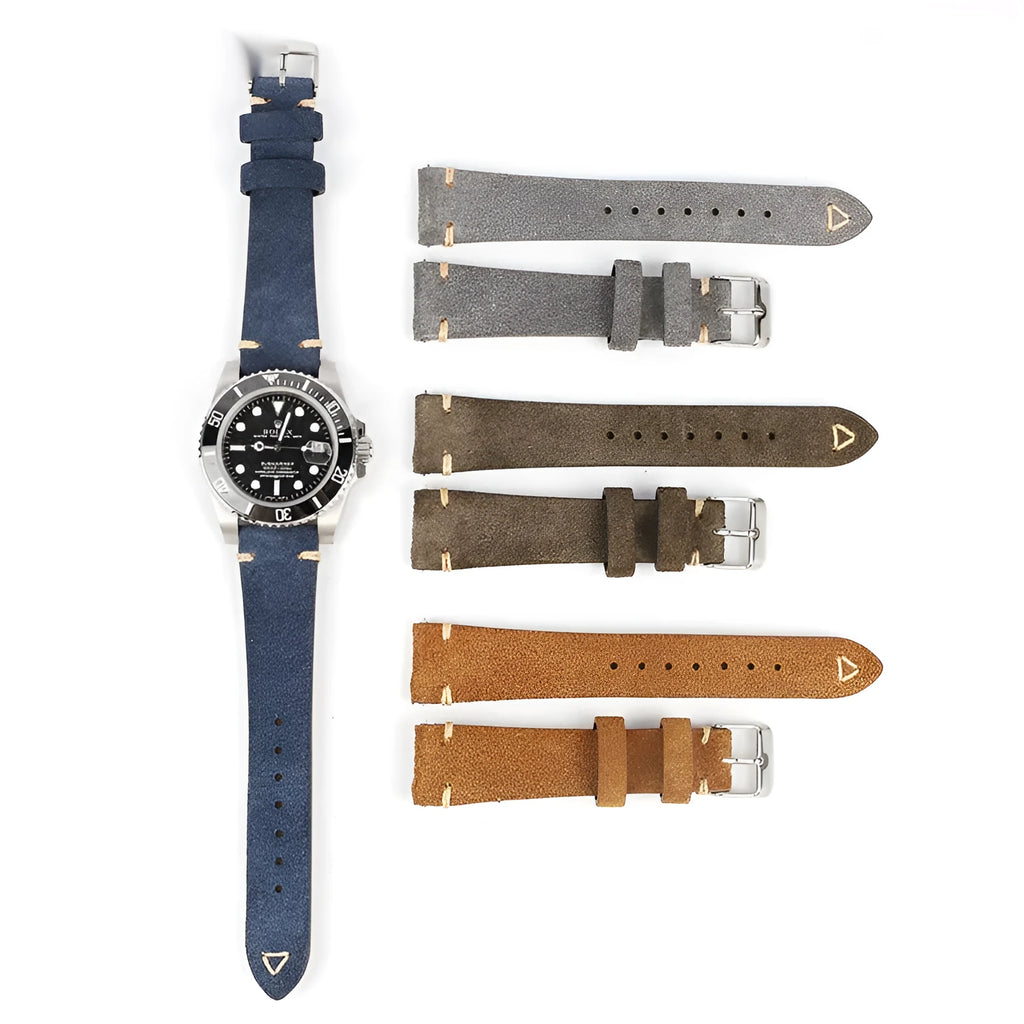 Genuine suede leather watch strap in brown on a small waist, showing texture and buckle.