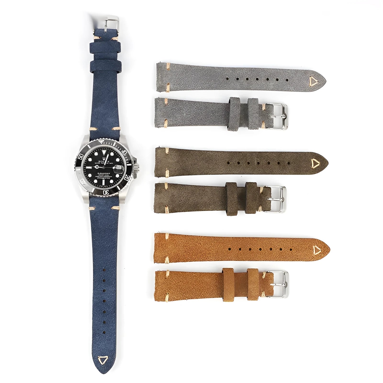 Genuine suede leather watch strap in brown on a small waist, showing texture and buckle.