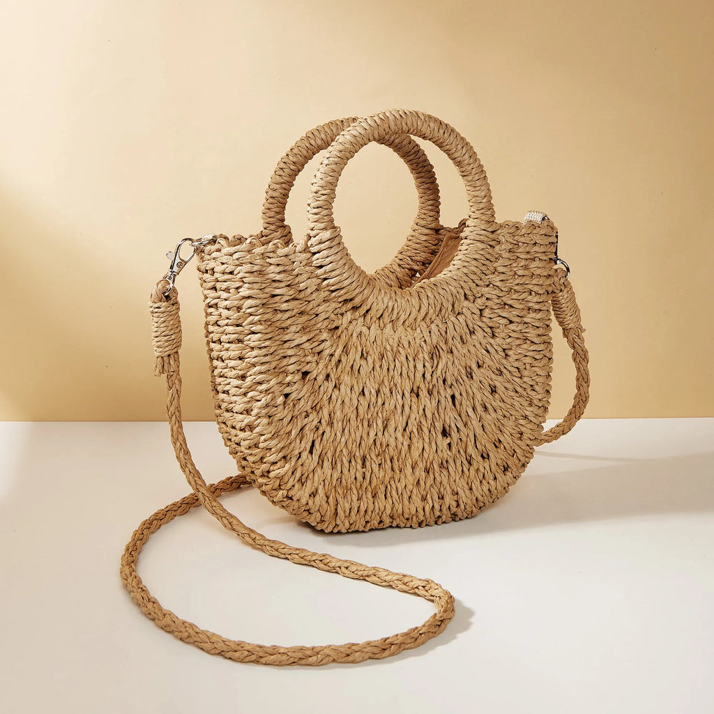 Woven straw crossbody beach bag in beige, 24cm height, peach skin lining, six colour options