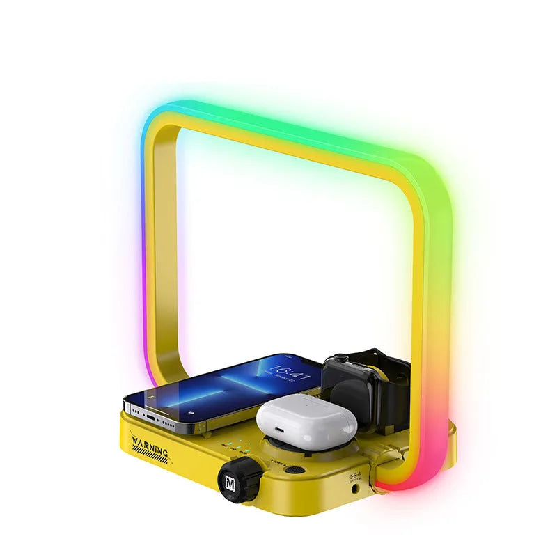 Multi-function wireless charger with night lamp, geometric stereo shape, charges phone headset and watch, 30W socket power