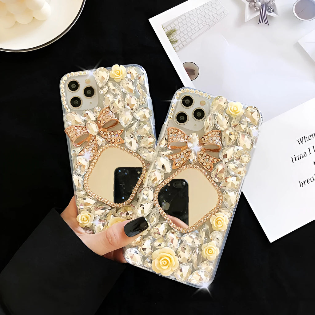 Handmade silicone phone case with rhinestone mirror diamond bow flower design in aura bright white flower for iPhone
