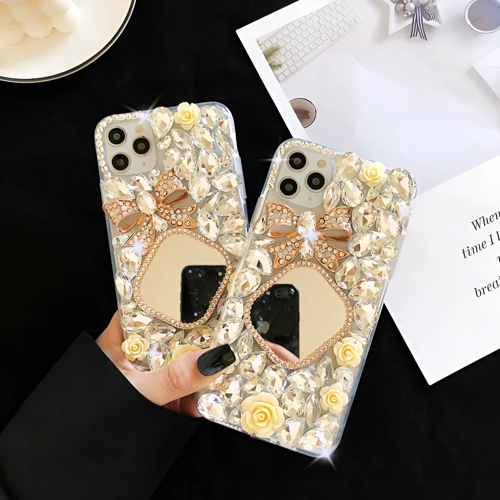 Handmade silicone phone case with rhinestone mirror diamond bow flower design in aura bright white flower for iPhone