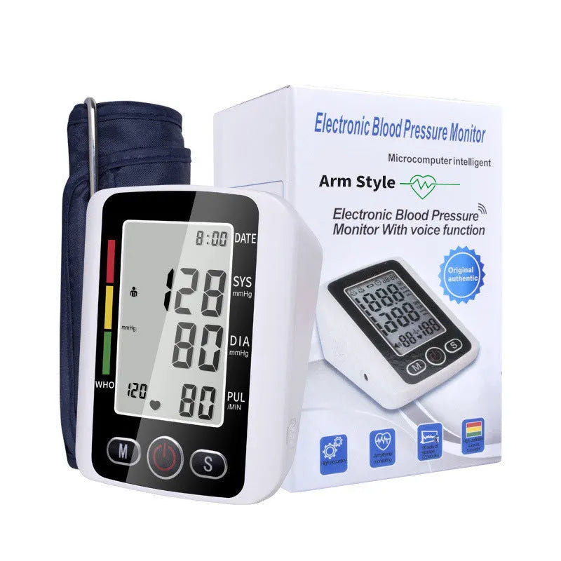 Automatic electronic arm sphygmomanometer with large screen display on a table