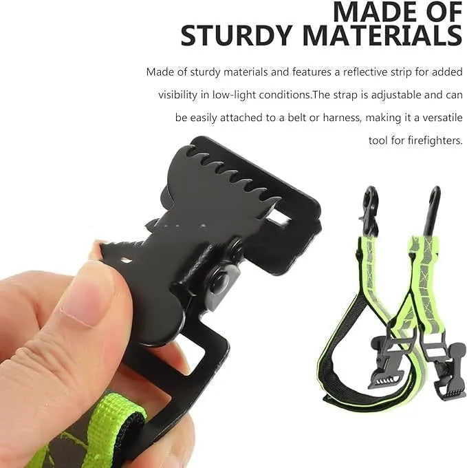 Fluorescent green metal safety clip with reflective nylon lining for securing fireman and work gloves.
