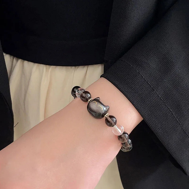 Women's natural silver stone cat head bracelet with 8mm ice stone opal centrepiece