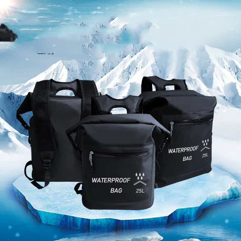 Black 25 litre waterproof backpack for outdoor swimming and rafting
