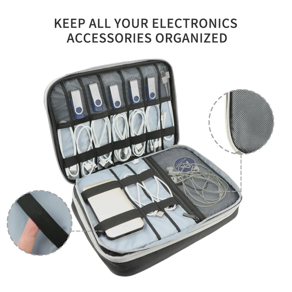 Grey three-layer travel storage bag with sewing line detailing and waterproof polyester construction