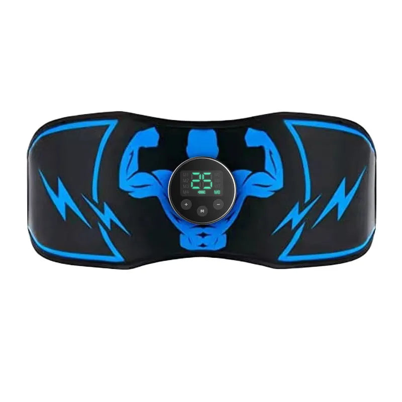Blue EMS abdominal slimming belt with wireless remote control and electrotherapy stickers