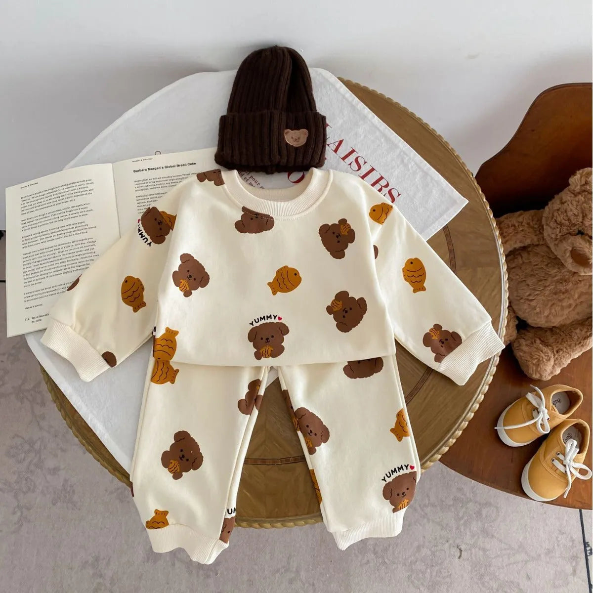 Bear round neck long-sleeve cotton suit with animal cartoon pattern, shirt and pants set in Bear or Flying Fish colours