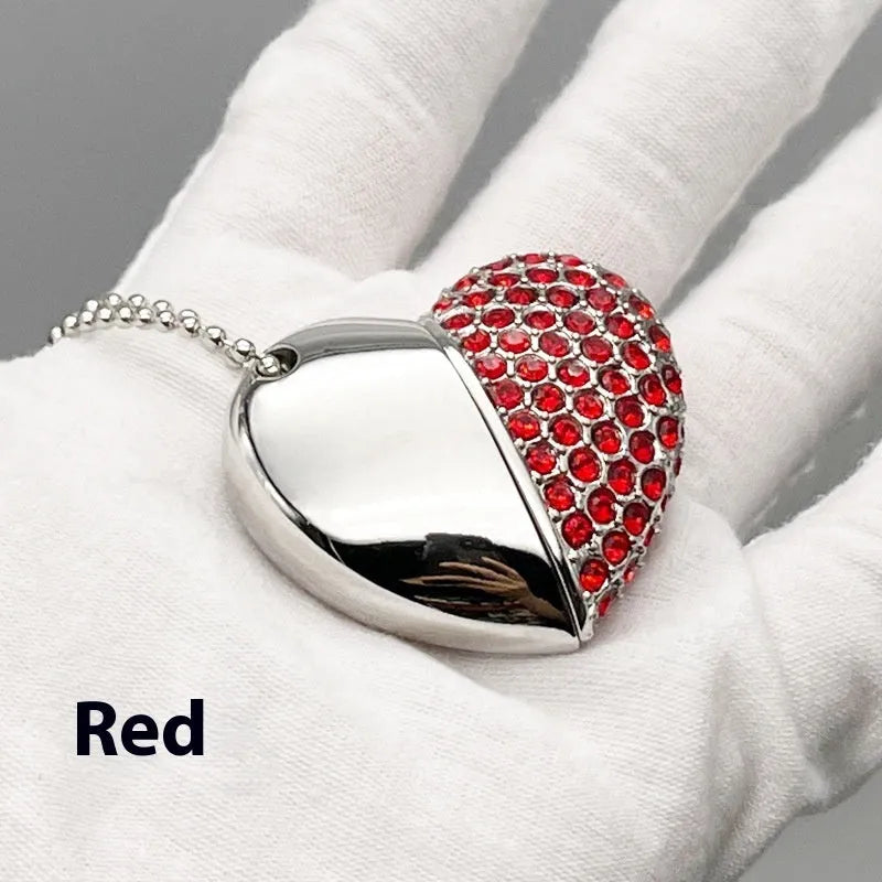 Creative heart-shaped USB flash drive with brick-inlaid pattern and metal shell in various colours.
