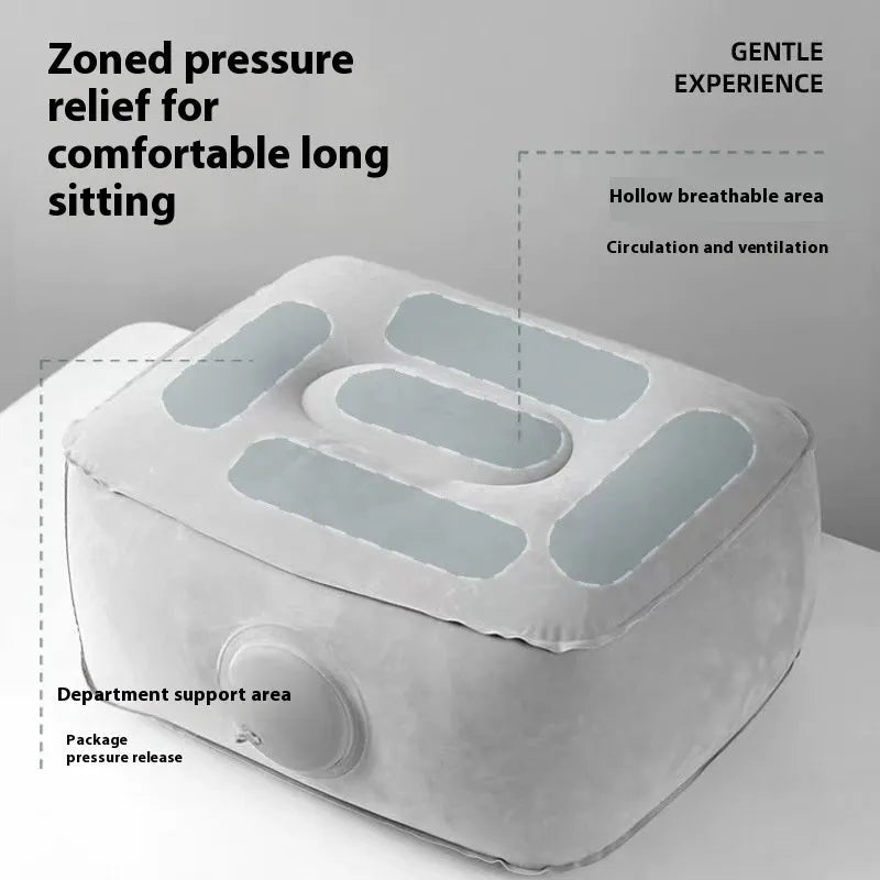 Press inflatable height increasing cushion showing folded portable design and flocking material texture