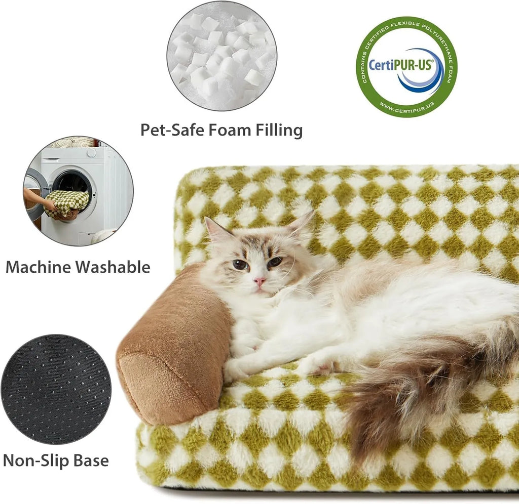 Checkered pet couch bed for small dogs and cats on a wooden floor, showing its raised design and removable cover.