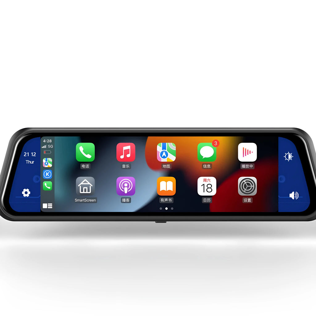 Black dual-lens dashboard camera with 9.66-inch screen mounted on car windshield.