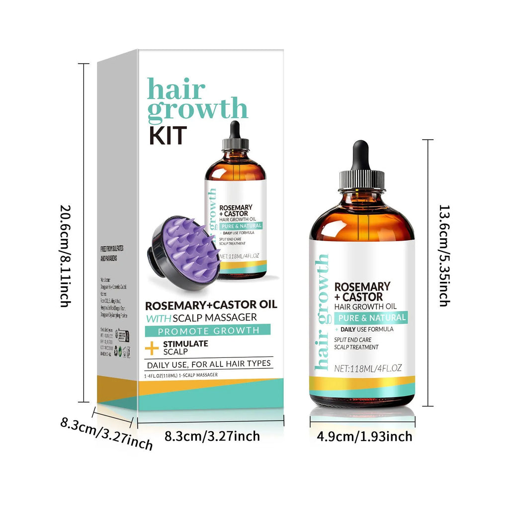 118ml bottle of bright yellow hair treatment oil with a plastic massage brush applicator for dense long hair.