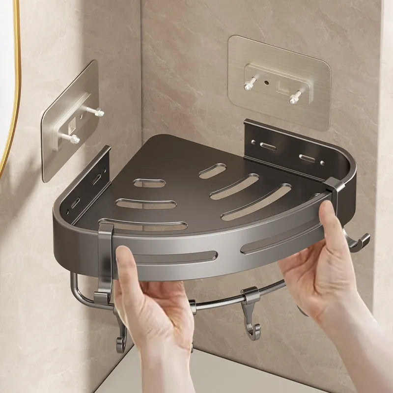 Gun grey corner-mounted bathroom rack with triangle basket design and punch-free wall mounting