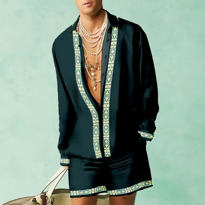 Men's slim-fit long sleeve polyester shirt and matching casual shorts set on a hanger