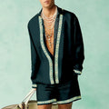 Men's slim-fit long sleeve polyester shirt and matching casual shorts set on a hanger