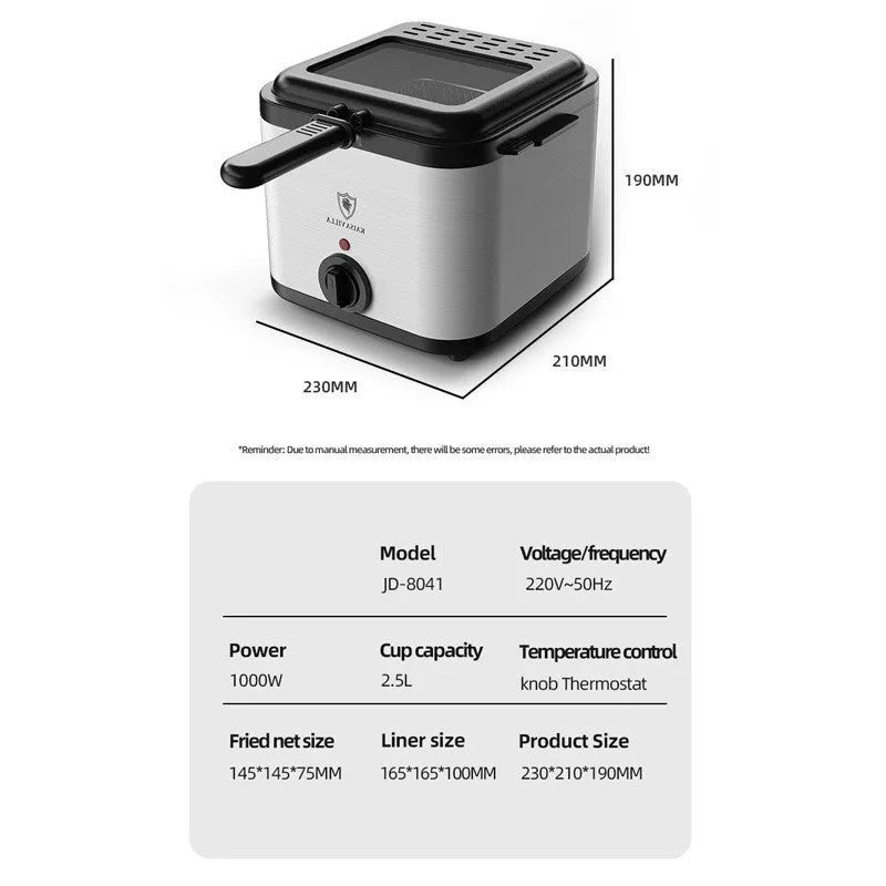 Silver 2.5-litre stainless steel electric air fryer with a detachable frying basket.