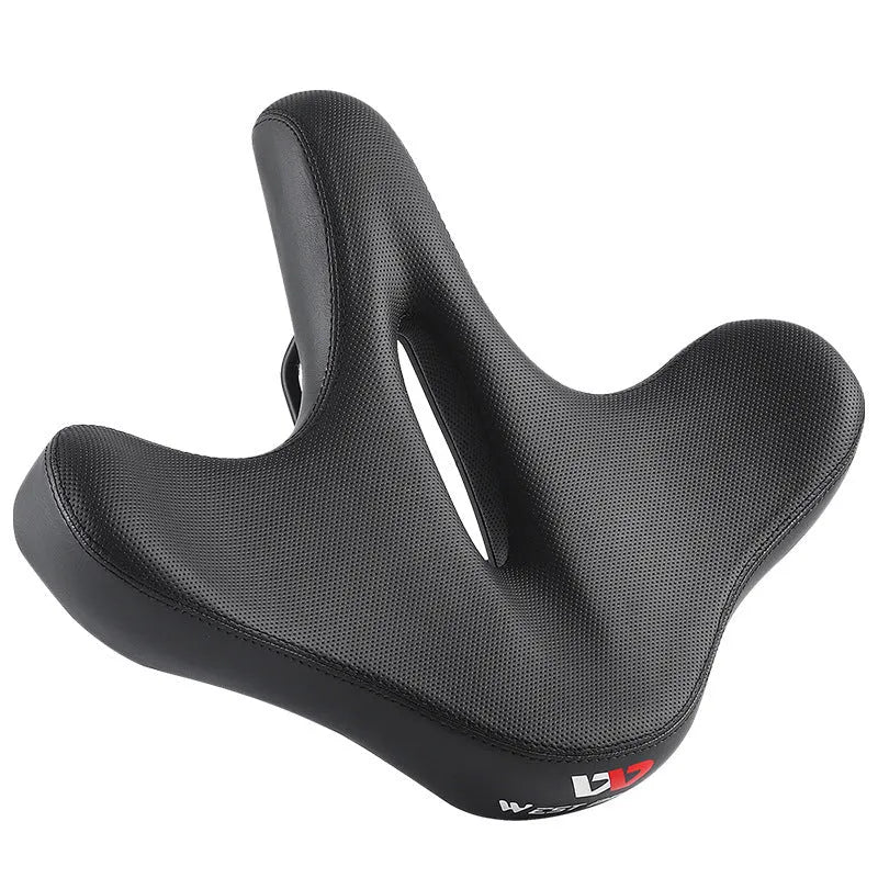 Black thick foam bicycle seat cushion on a mountain bike saddle.