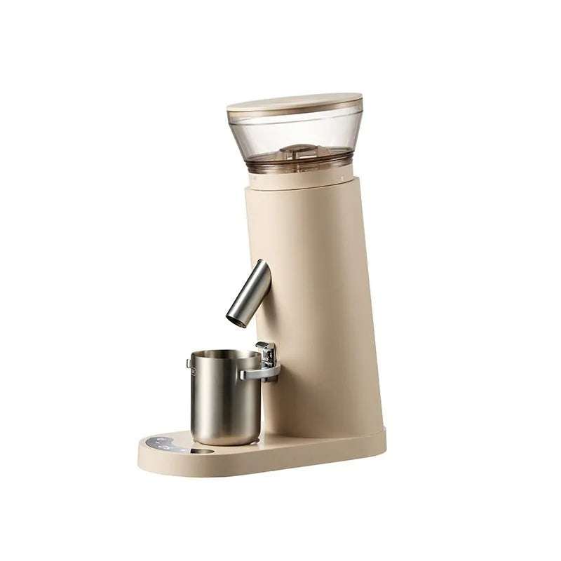 Electric coffee grinder with stainless steel reservoir and temperature control display