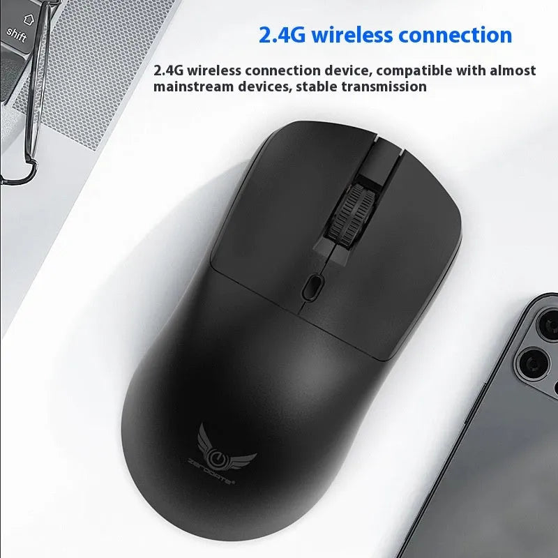 Black wireless computer mouse with three-gear audio button, photoelectric sensor, and battery compartment