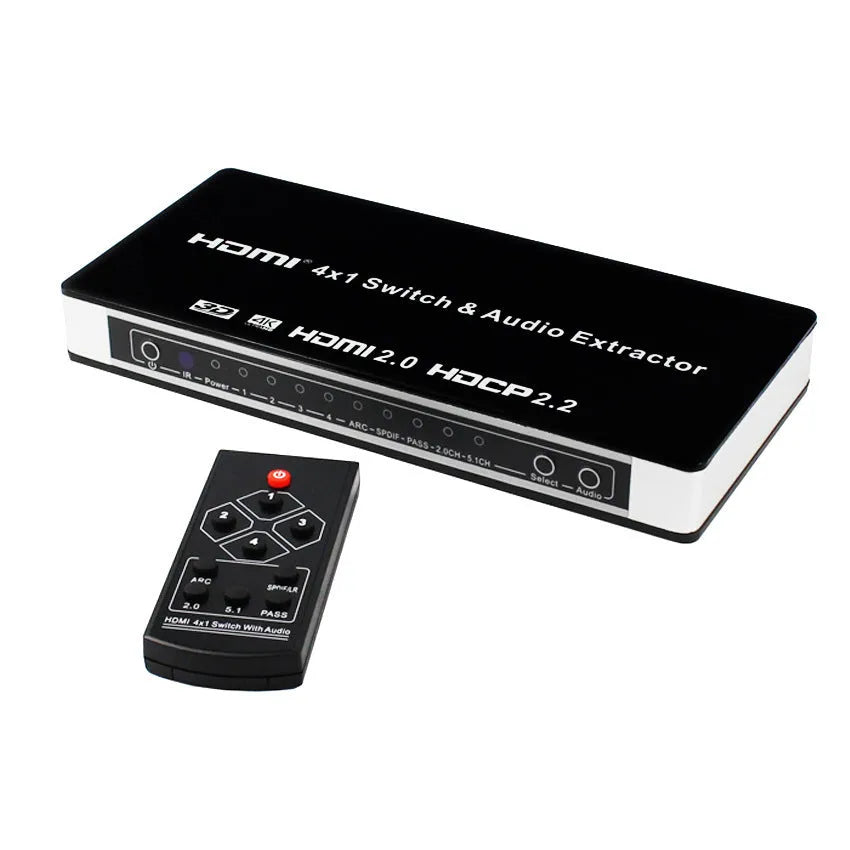 Black 4-port HDMI audio video switch with remote control and 10-metre HDMI cable