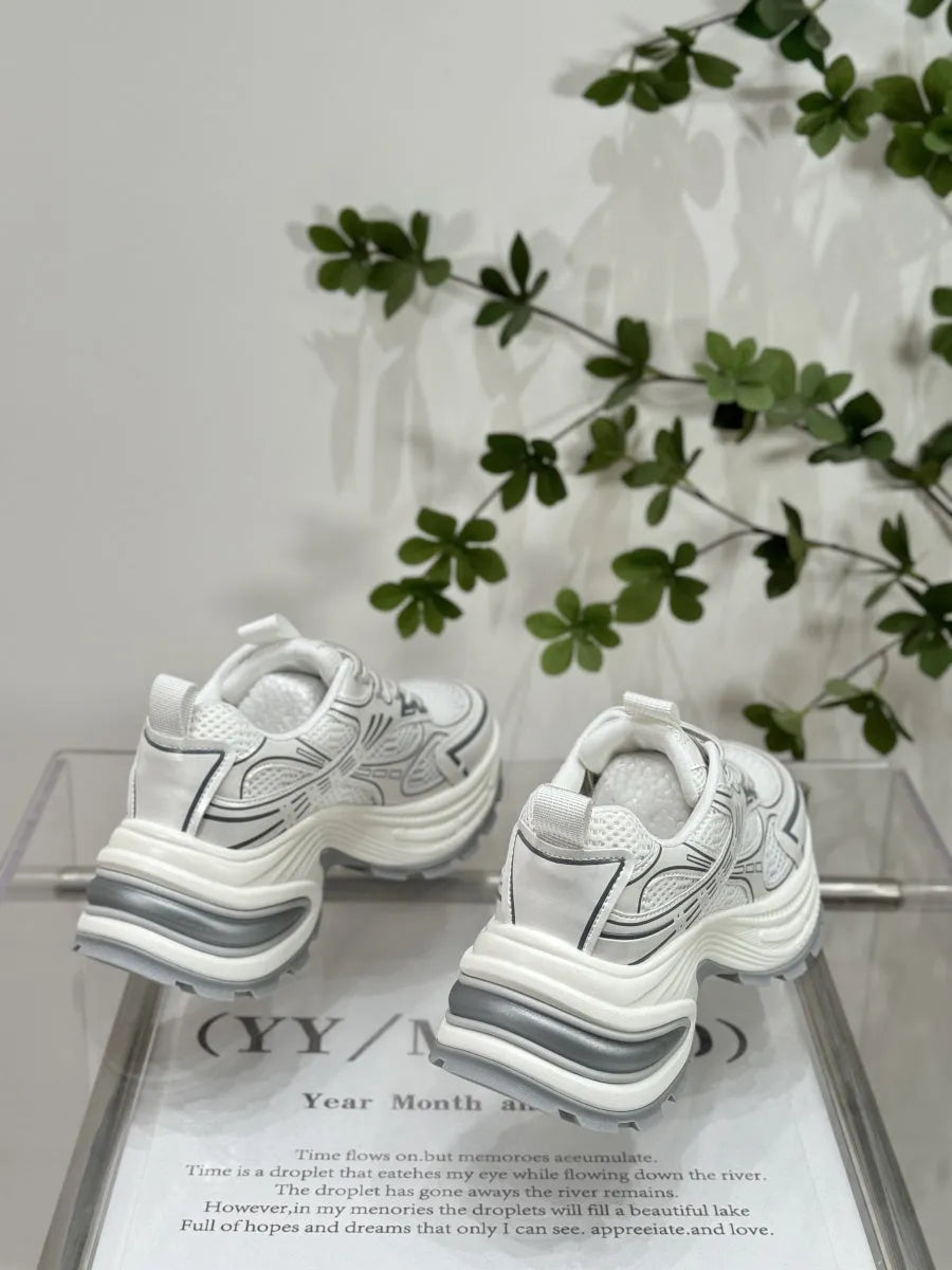 Vintage genuine leather platform dad shoes for women, low top flat heel round toe, silver colour, front lace-up