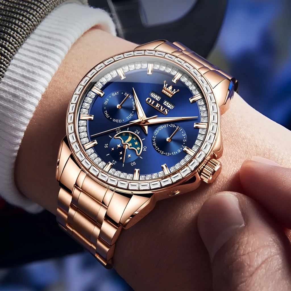 Men's stainless steel automatic mechanical watch with diamond dial on wrist, showing transparent case back.